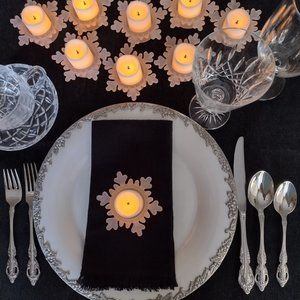 Holiday set of 9 frosted, glass tea-candle snowflake-shaped holders. 2 sets.